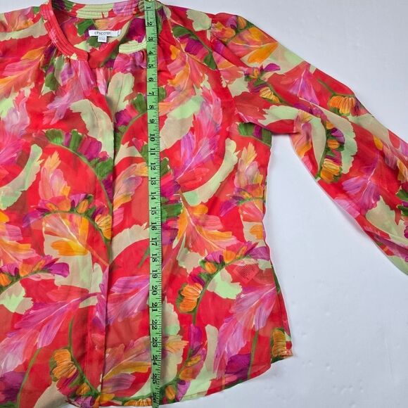 Chico's Women's Multicolor Foliage‎ Print Long Sleeve Spilt Neck Blouse Size 14 - Picture 9 of 10